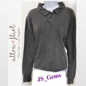 New Ultra Flirt Top Womens 2X Grey Long Sleeve Polo Plus Cropped Stretchy Collar